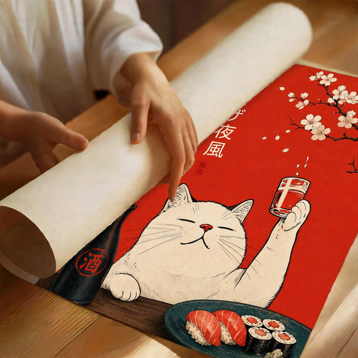 Japanese Cat Ramen Art Print shown as an unframed poster with vivid red and cream graphic artwork