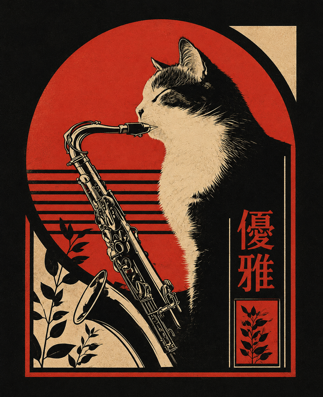 Jazz Saxophone Cat Japanese Art Print featuring a black cat playing saxophone beneath a red sun