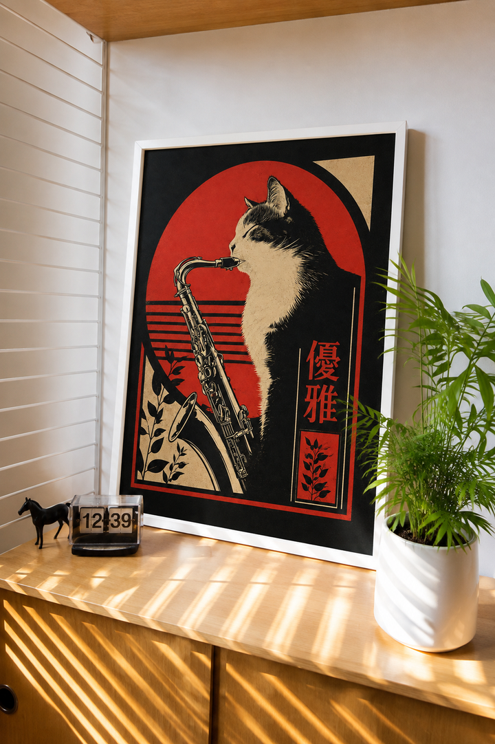 Jazz Saxophone Cat Japanese Art Print displayed in a modern interior with bold retro styling
