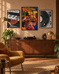 Set of 3 framed music wall prints: keyboard, jazz collage, vinyl record