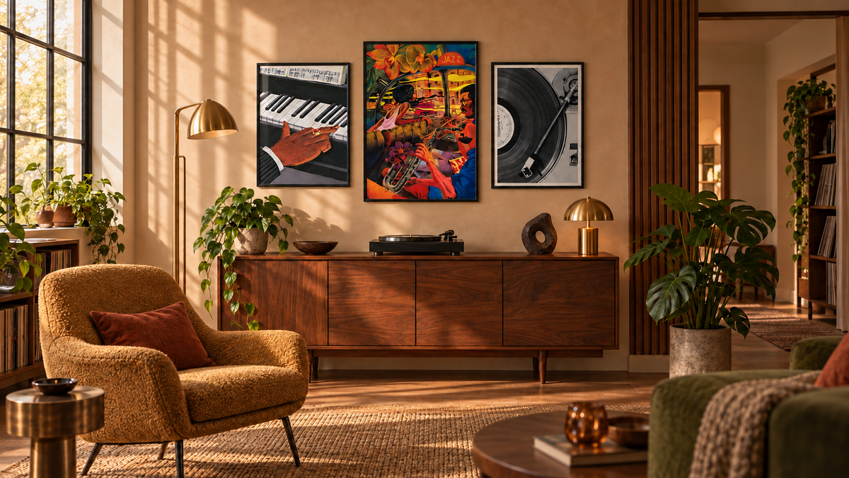 Three framed music wall prints above console: jazz collage, keyboard, vinyl