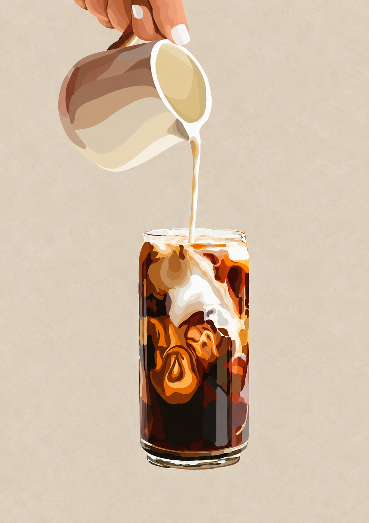 Vollständige Motivvorschau: Eiskaffeeillustration mit einer Hand, die Milch aus einem gestreiften Kännchen in ein hohes Glas gießt, und cremefarbenen Karamellwirbeln auf Beige.