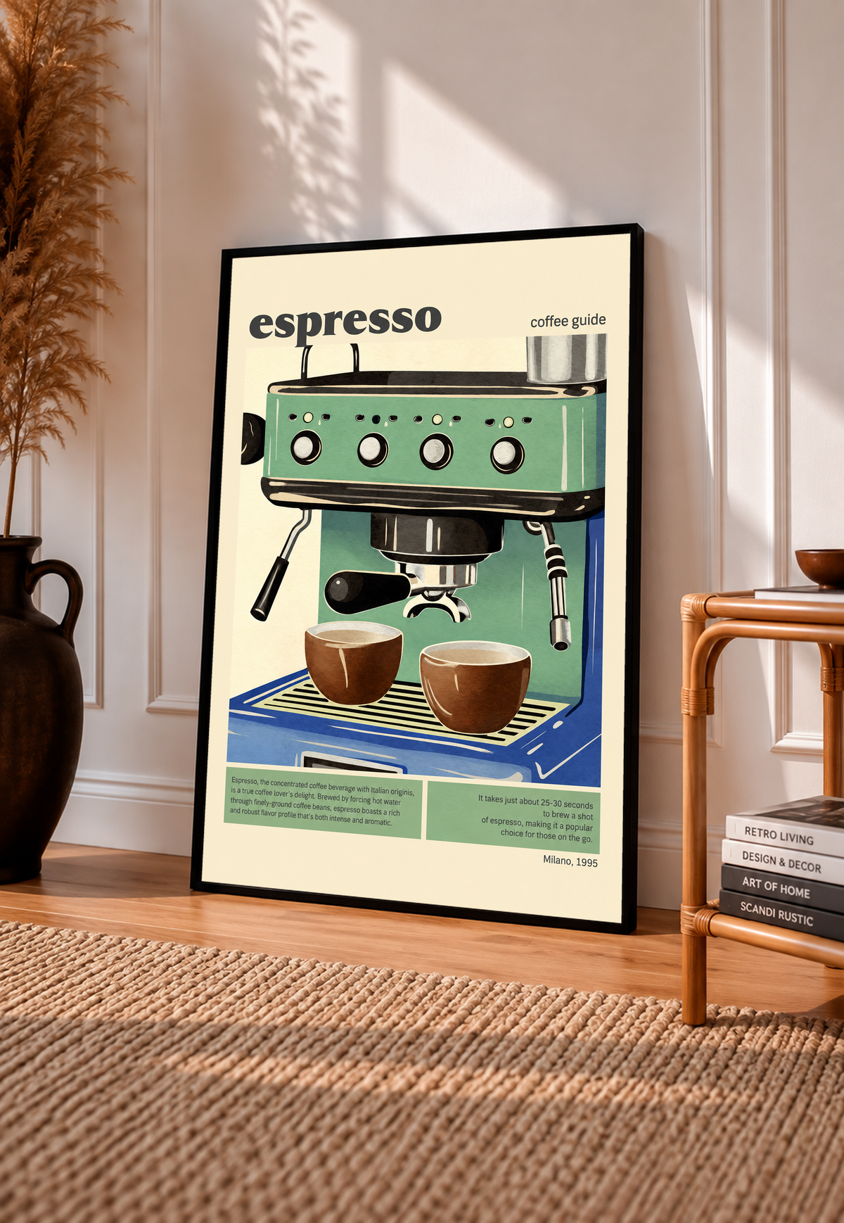 Espresso coffee guide art print in black frame with green espresso machine illustration