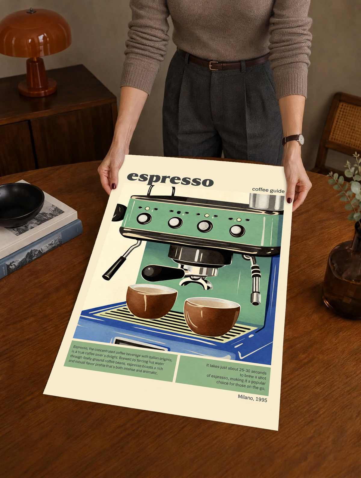 Espresso coffee guide art print, green espresso machine with two cups on light background
