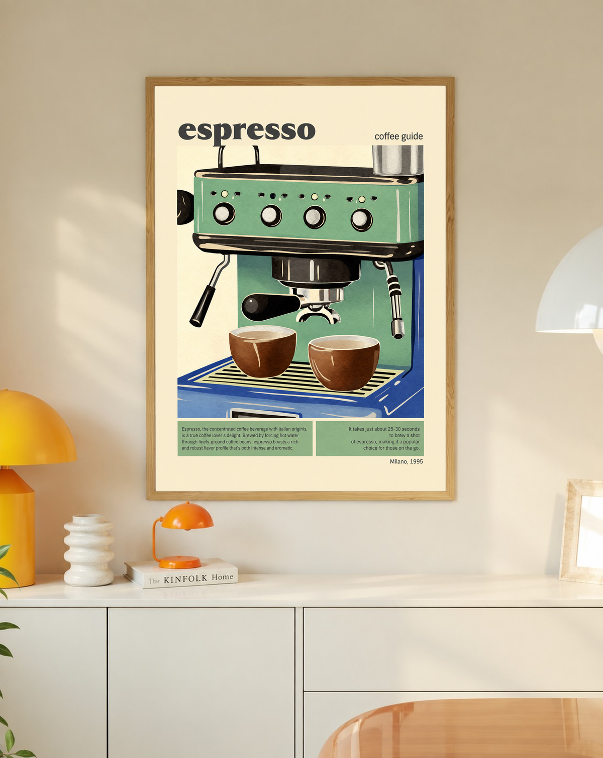 Espresso coffee guide art print with green espresso machine, two cups, in light wood frame