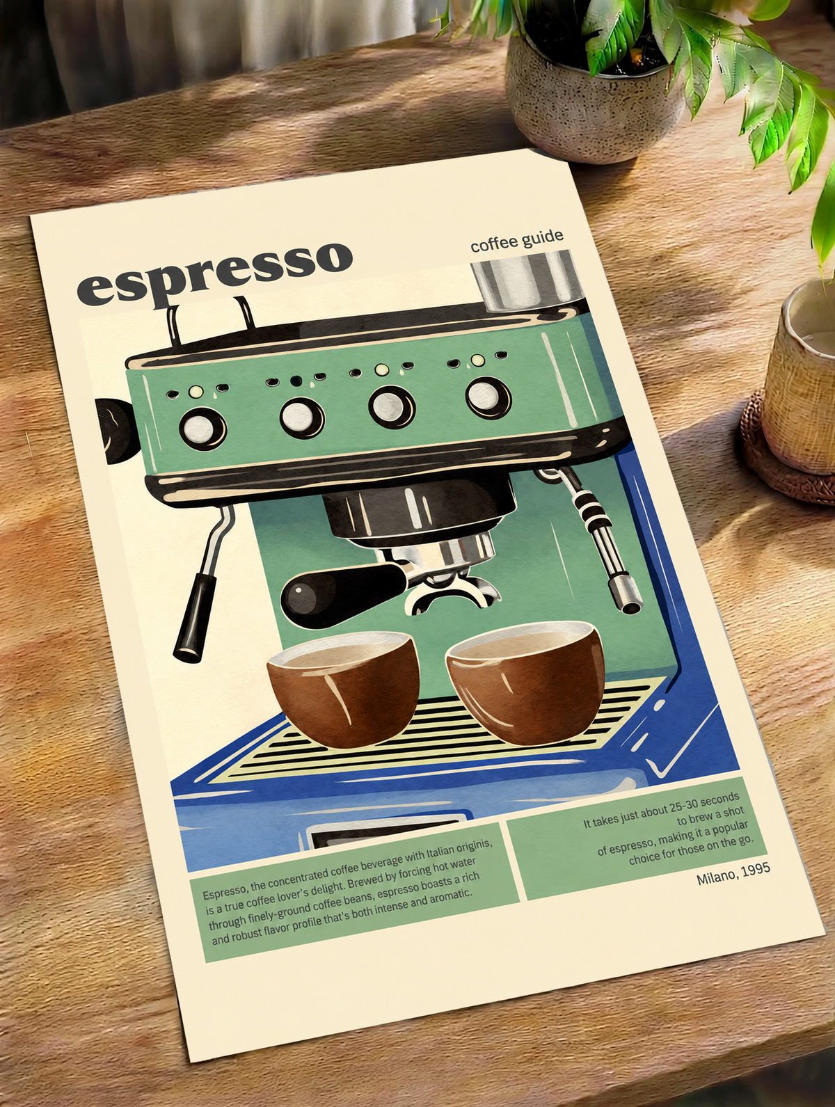 Espresso coffee guide art print, green espresso machine and two brown cups on cream background