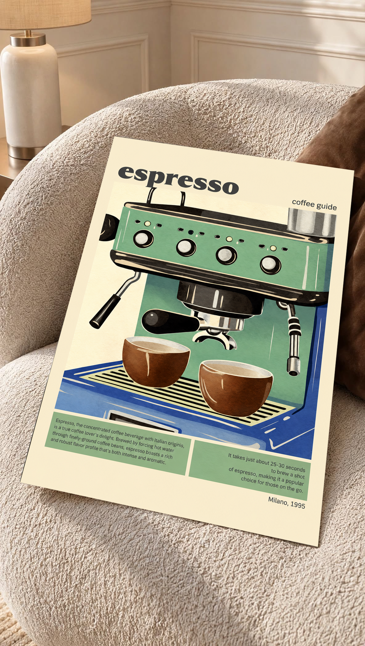 Espresso coffee guide art print on light throw blanket, green machine illustration and two cups