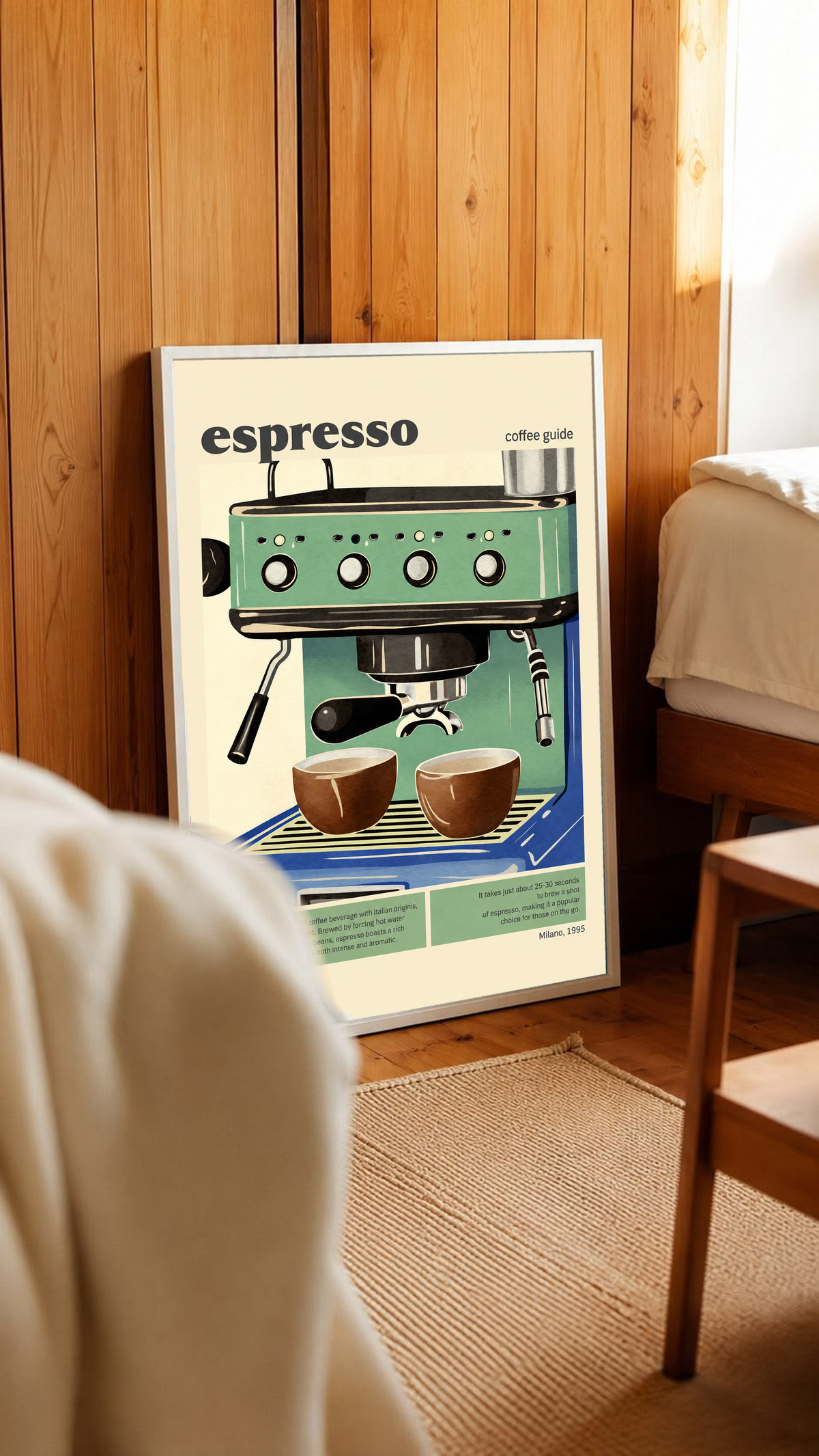 Espresso coffee guide art print standing against wooden wall, green espresso machine and cups