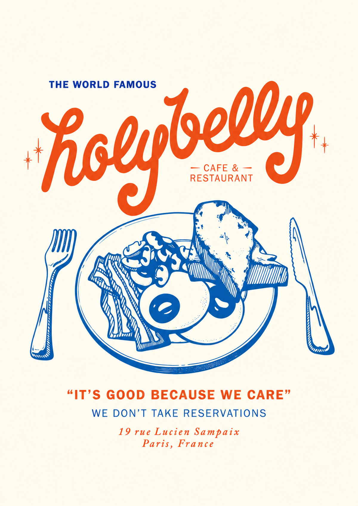 Anteprima completa dell’illustrazione: Illustrazione della colazione Holybelly con grandi scritte rosse, piatto blu con uova e pane tostato, forchetta, coltello e testi da caffetteria su crema.