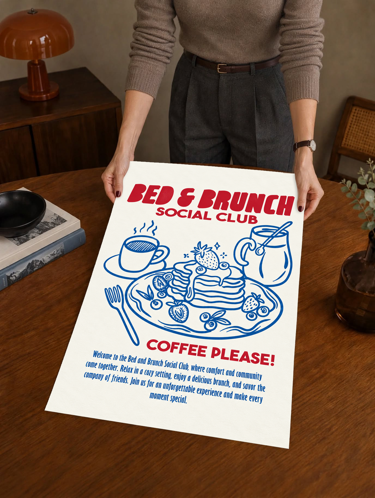 Bed & Brunch Social Club art print with blue coffee, pancakes, and red title text.