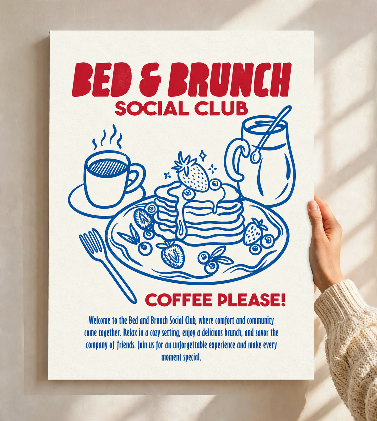 Wall-ready Bed & Brunch Social Club art print with blue pancake illustration and red lettering.