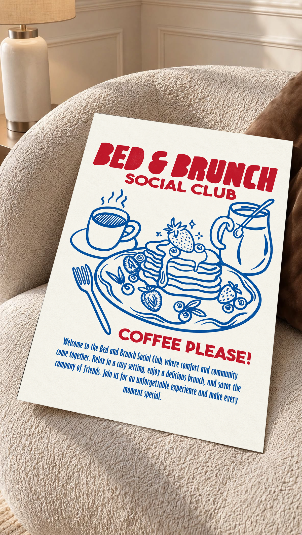 Bed & Brunch Social Club art print on a sofa cushion with red title and blue coffee illustration.