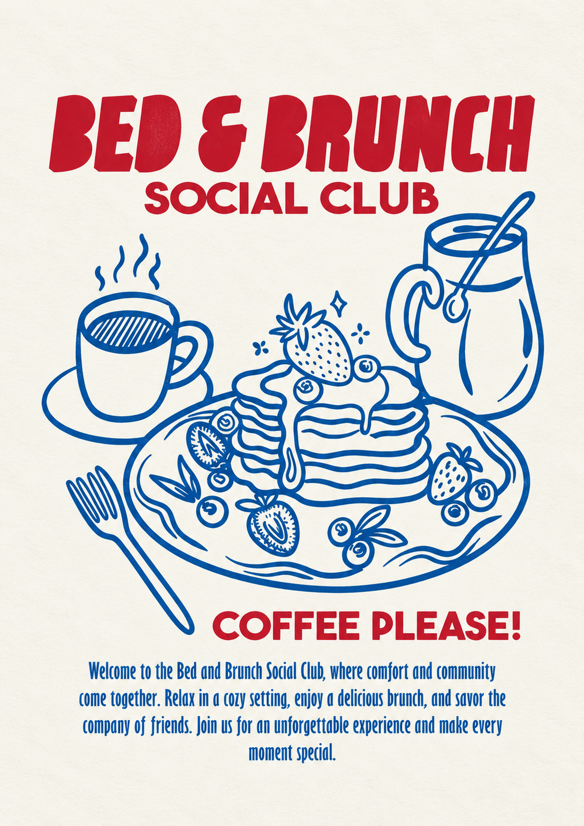 Close-up Bed & Brunch Social Club art print with blue pancakes, coffee cup, and red text.