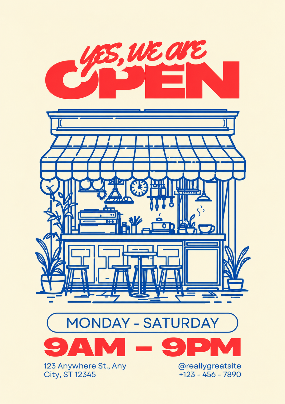 Anteprima completa dell’illustrazione: Yes, we are OPEN in rosso sopra un bar disegnato in blu con tenda, bancone, sgabelli, piante, orari e contatti di esempio su fondo crema.