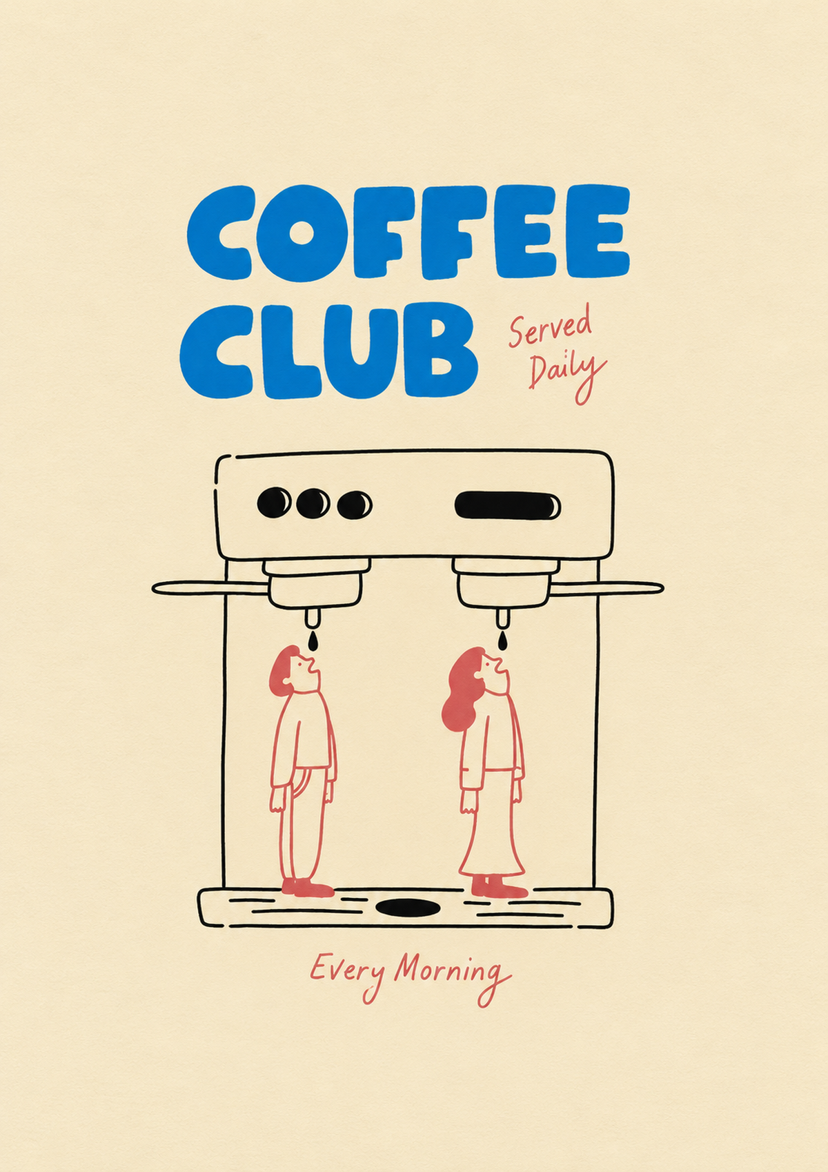 Blaues Coffee Club-Motiv mit schwarz gezeichneter Espressomaschine, zwei korallroten Figuren, roter Schrift und cremefarbenem Hintergrund. Unverdeckte Motivvorschau mit der vollständigen Komposition.
