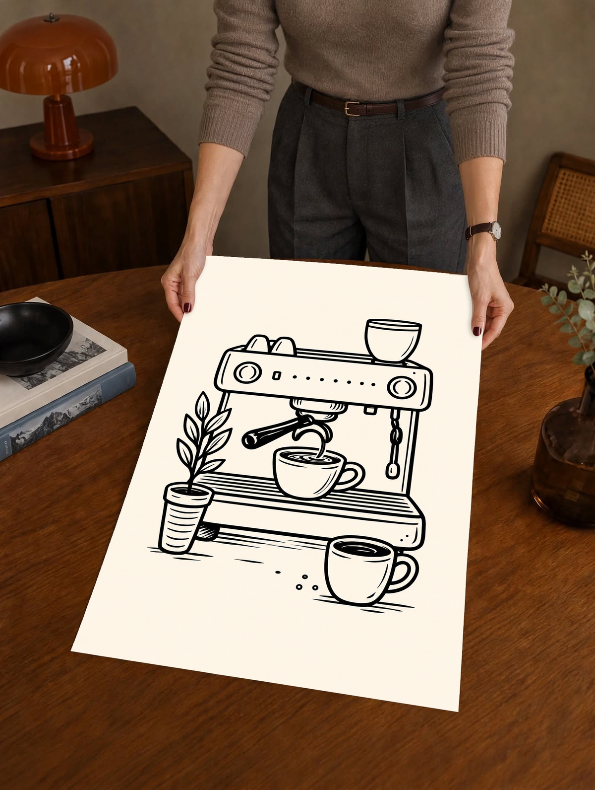 Schwarze Linienzeichnung einer Espressomaschine beim Eingießen in eine Tasse, mit weiteren Tassen und belaubter Topfpflanze auf warmem Creme. Ungerahmtes Poster, über einem Holztisch neben einem Plattenspieler gehalten.
