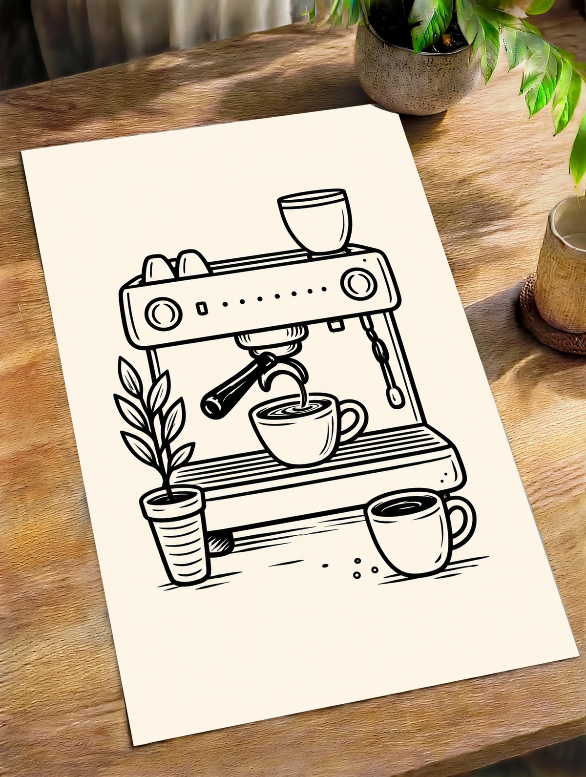 Schwarze Linienzeichnung einer Espressomaschine beim Eingießen in eine Tasse, mit weiteren Tassen und belaubter Topfpflanze auf warmem Creme. Ungerahmtes Poster schräg auf einem Holztisch neben Pflanze und Tasse.