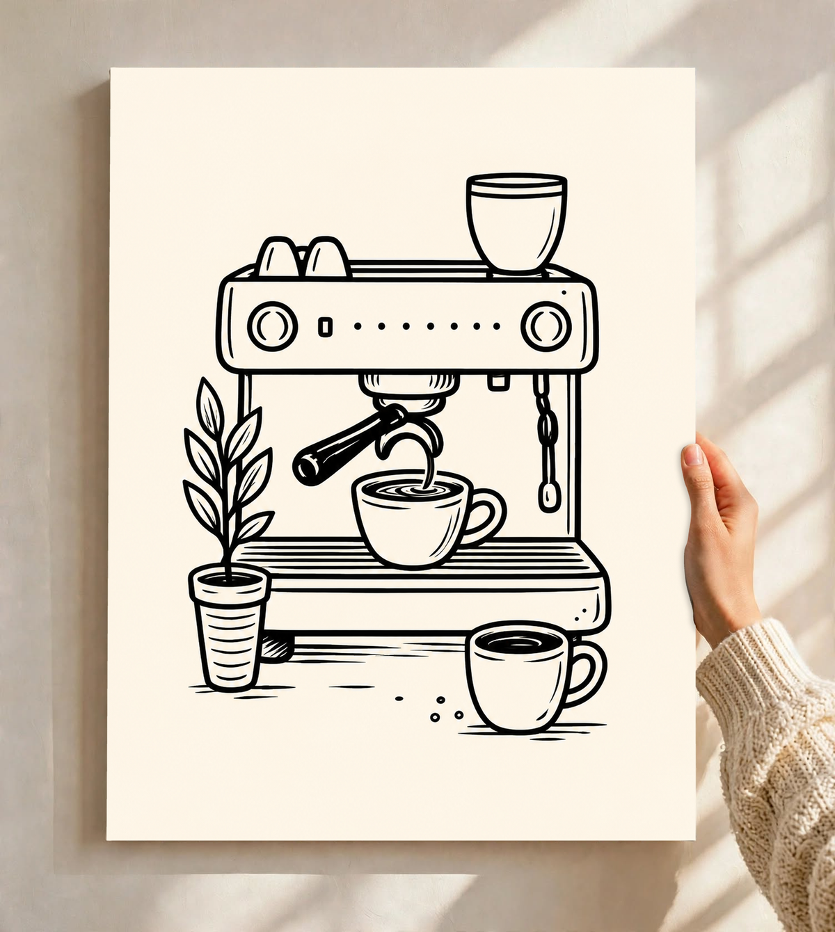 Schwarze Linienzeichnung einer Espressomaschine beim Eingießen in eine Tasse, mit weiteren Tassen und belaubter Topfpflanze auf warmem Creme. Ungerahmtes Poster, vor einer hellen Wand mit Fensterschatten gehalten.