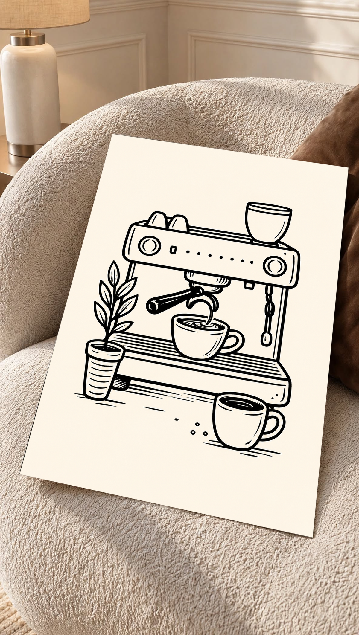 Schwarze Linienzeichnung einer Espressomaschine beim Eingießen in eine Tasse, mit weiteren Tassen und belaubter Topfpflanze auf warmem Creme. Ungerahmtes Poster auf einem strukturierten cremefarbenen Sessel.