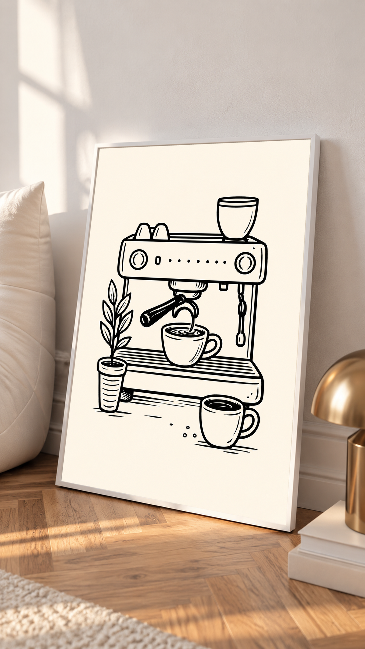 Schwarze Linienzeichnung einer Espressomaschine beim Eingießen in eine Tasse, mit weiteren Tassen und belaubter Topfpflanze auf warmem Creme. Im weißen Rahmen auf einem Holzboden, neben Kissen und einer kleinen Leuchte.
