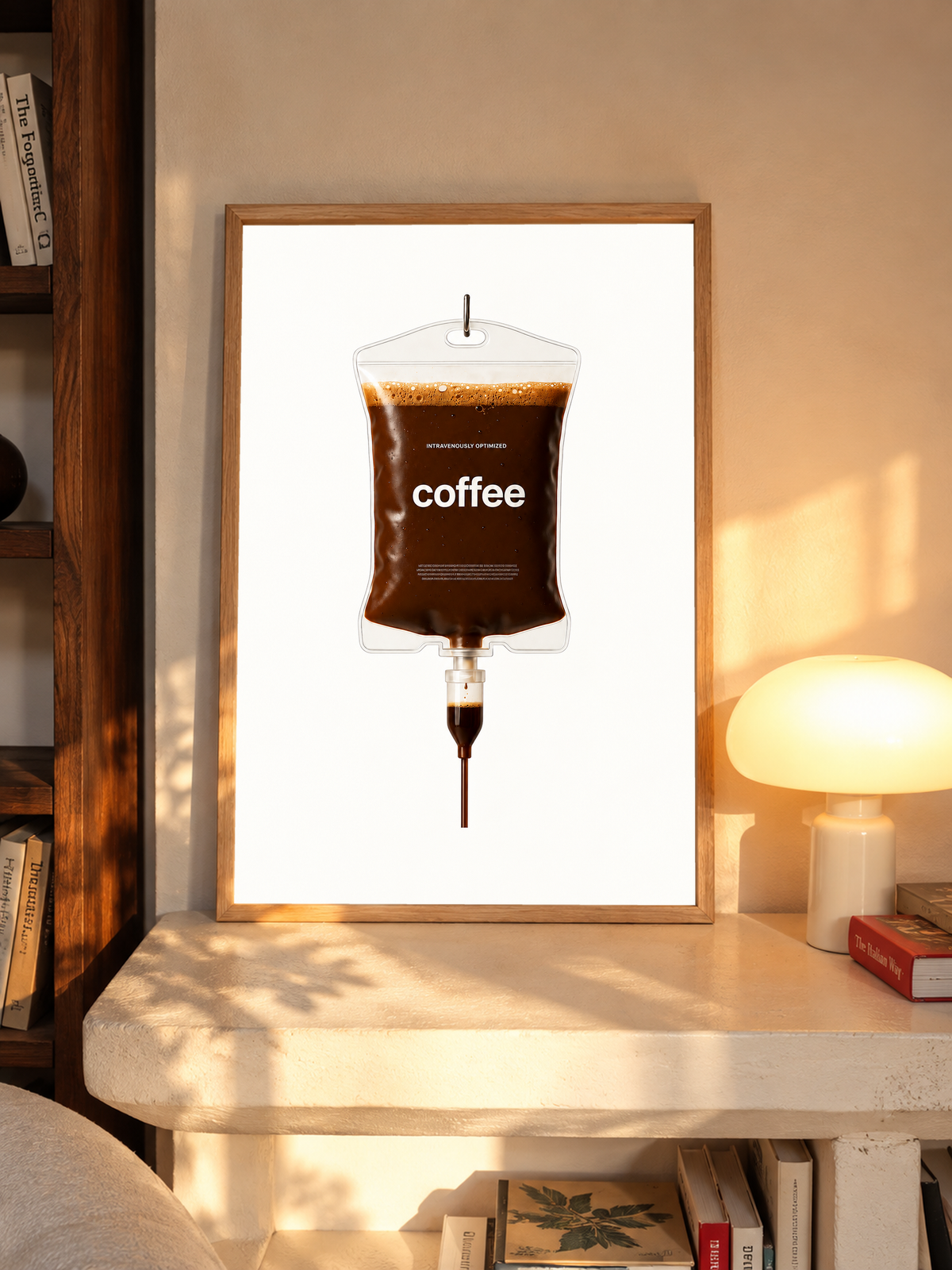 Ilustración surrealista Coffee IV con café marrón oscuro, burbujas de espuma dorada, bordes transparentes y etiqueta coffee sobre blanco. Con marco de roble sobre un escritorio, junto a una lámpara de seta encendida.