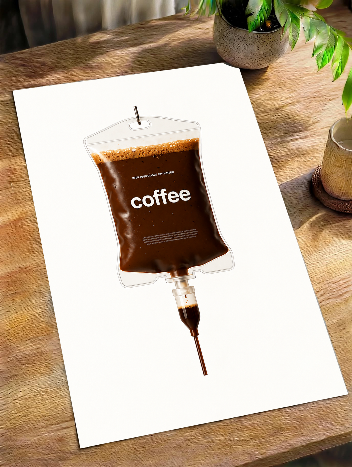 Ilustración surrealista Coffee IV con café marrón oscuro, burbujas de espuma dorada, bordes transparentes y etiqueta coffee sobre blanco. Póster sin marco en diagonal sobre una mesa de madera, junto a una planta y una taza.