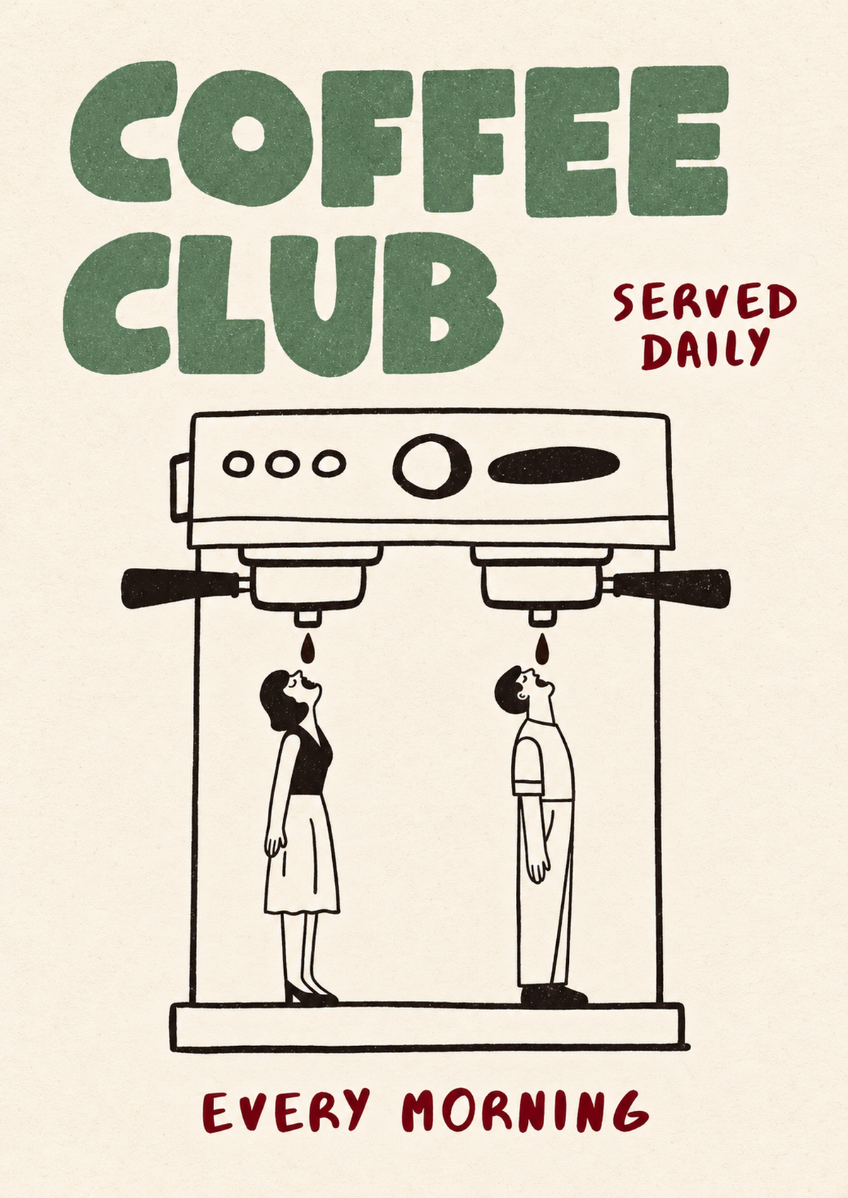 Ilustración Coffee Club verde con cafetera espresso doble negra, dos pequeñas figuras negras, palabras burdeos y fondo crema cálido. Vista previa de la ilustración completa, sin elementos que la oculten.