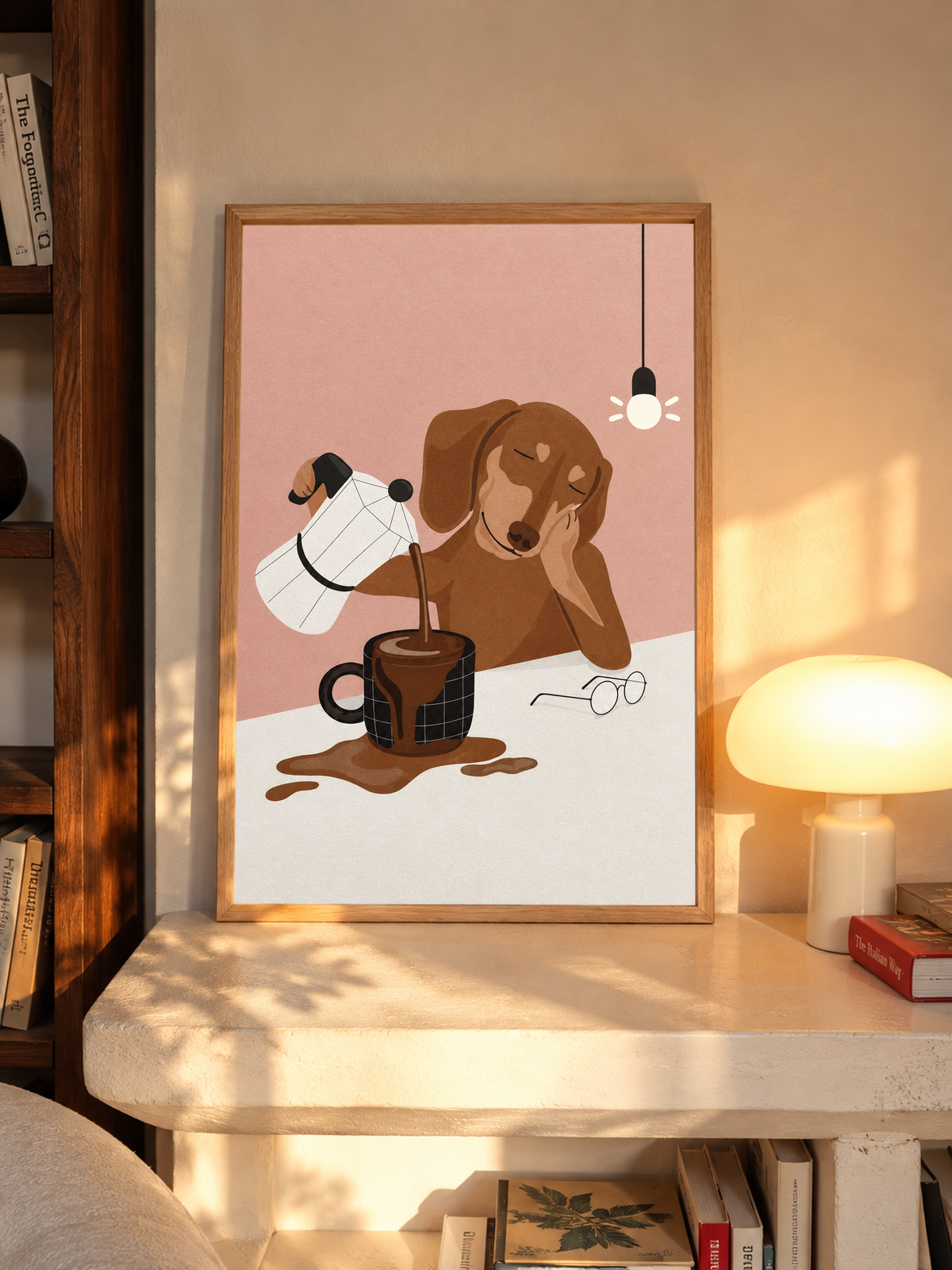 Coffee pour dog wall art in light wood frame, pink background with brown dog and coffee cup