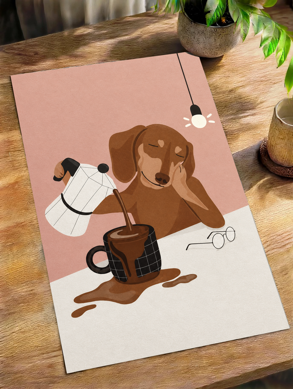 Coffee pour dog wall art on wooden tabletop, pink background with brown dog and coffee mug