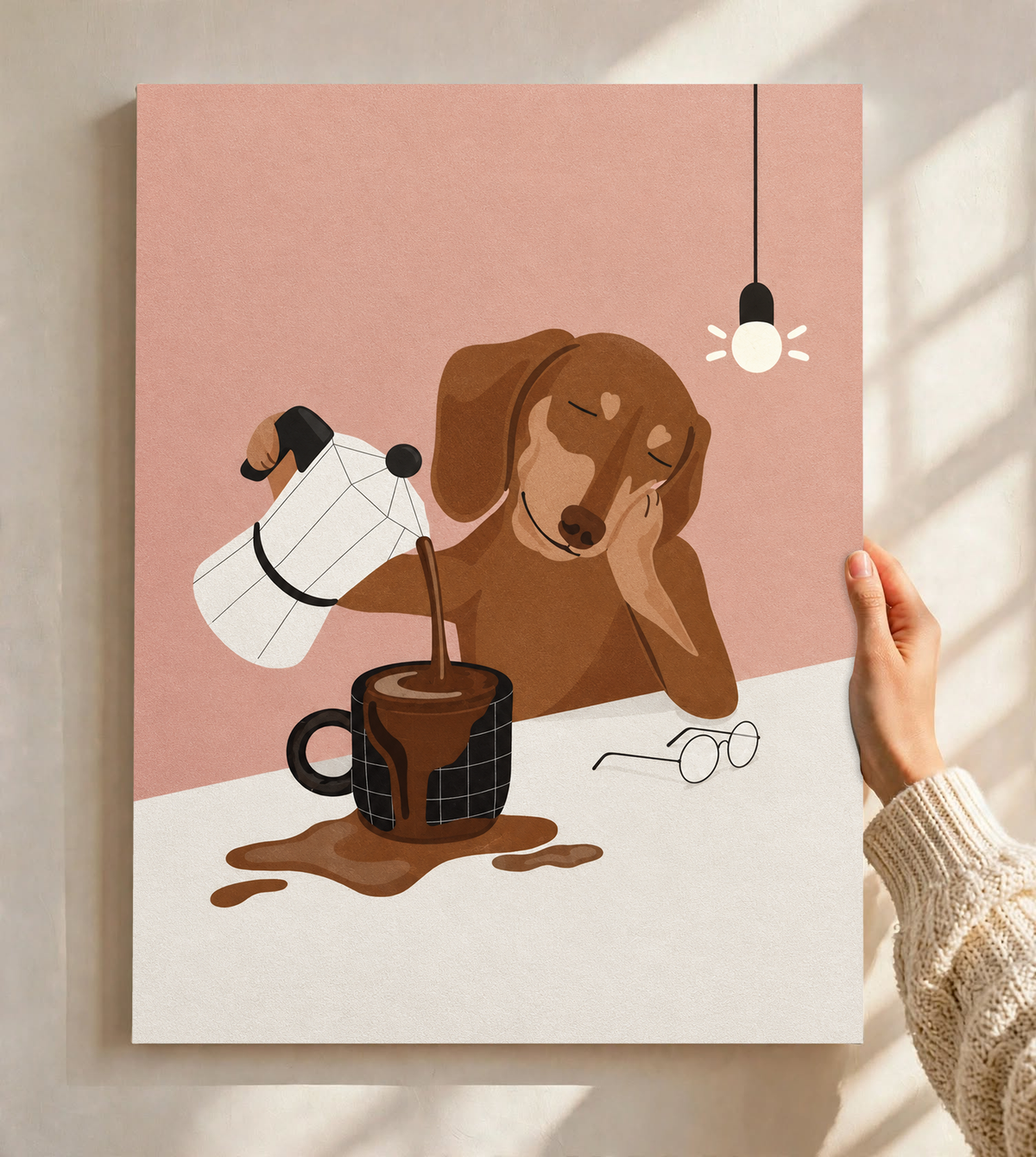Pink coffee pour dog wall art held by hand, brown dog with coffee mug and glasses