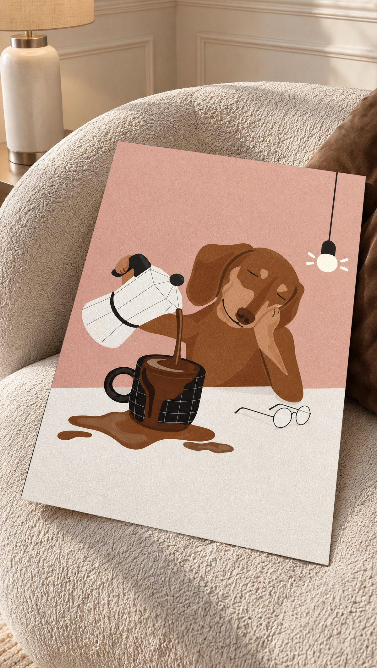 Coffee pour dog wall art on sofa, pink background with brown dog near coffee mug
