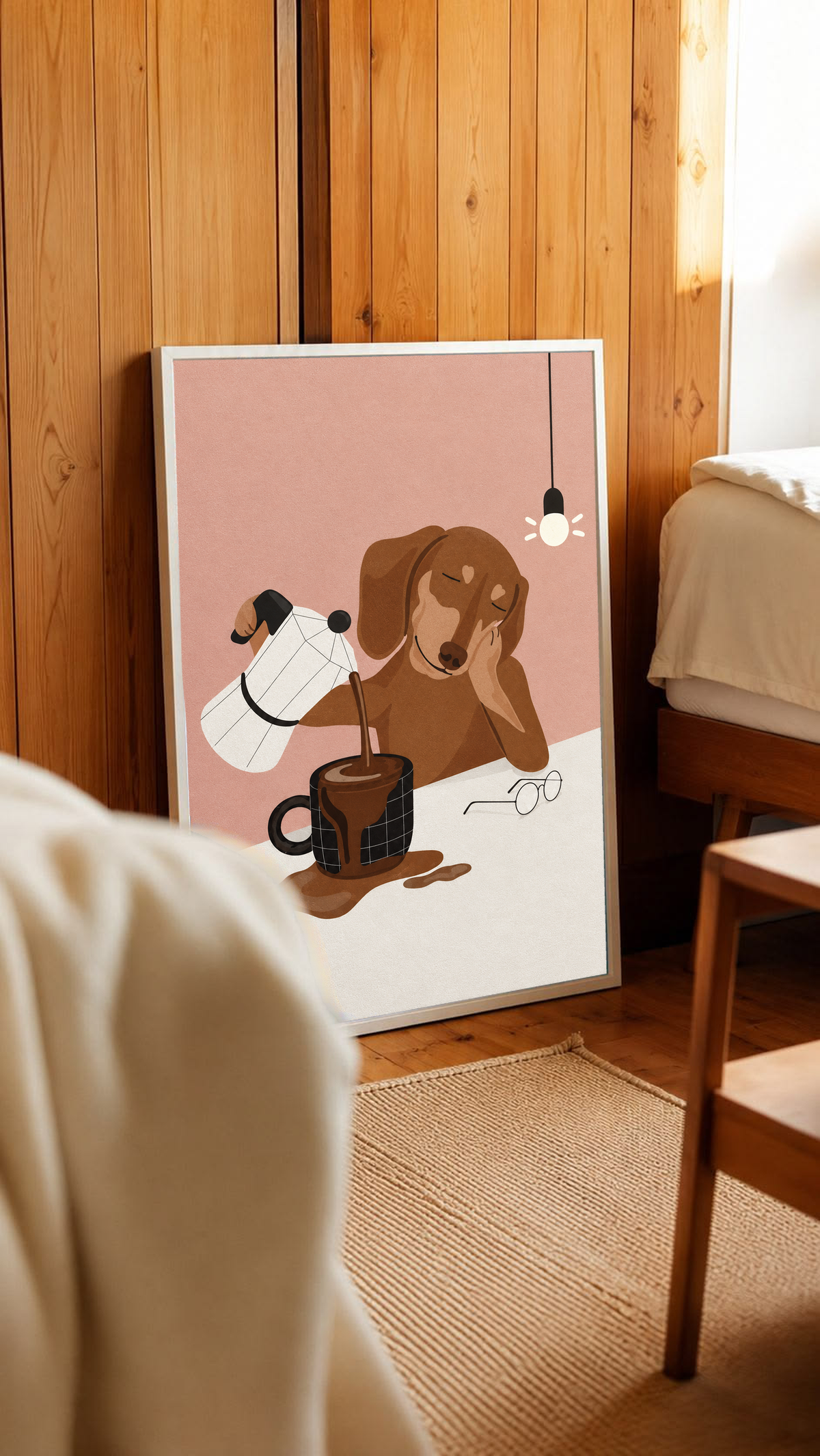 Framed pink coffee pour dog wall art print with brown dog holding cup and pot
