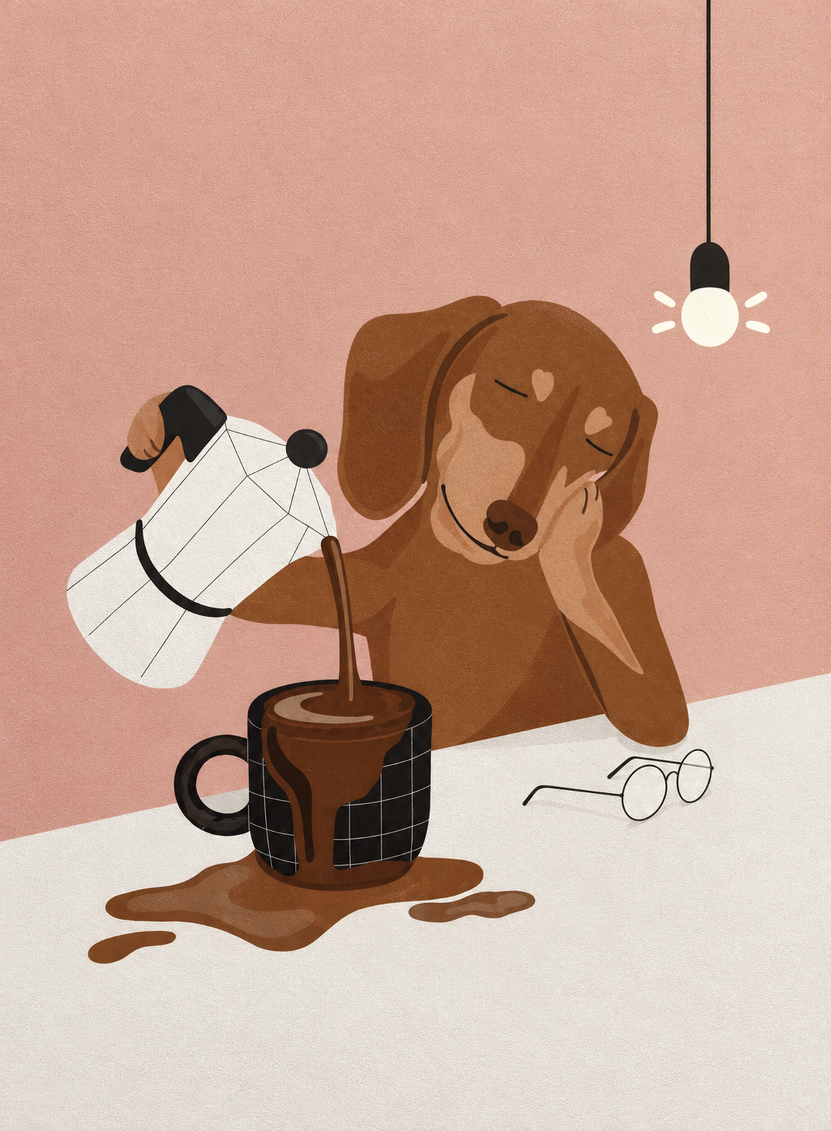 Close-up of coffee pour dog illustration, pink background with brown dog, mug, and milk pitcher