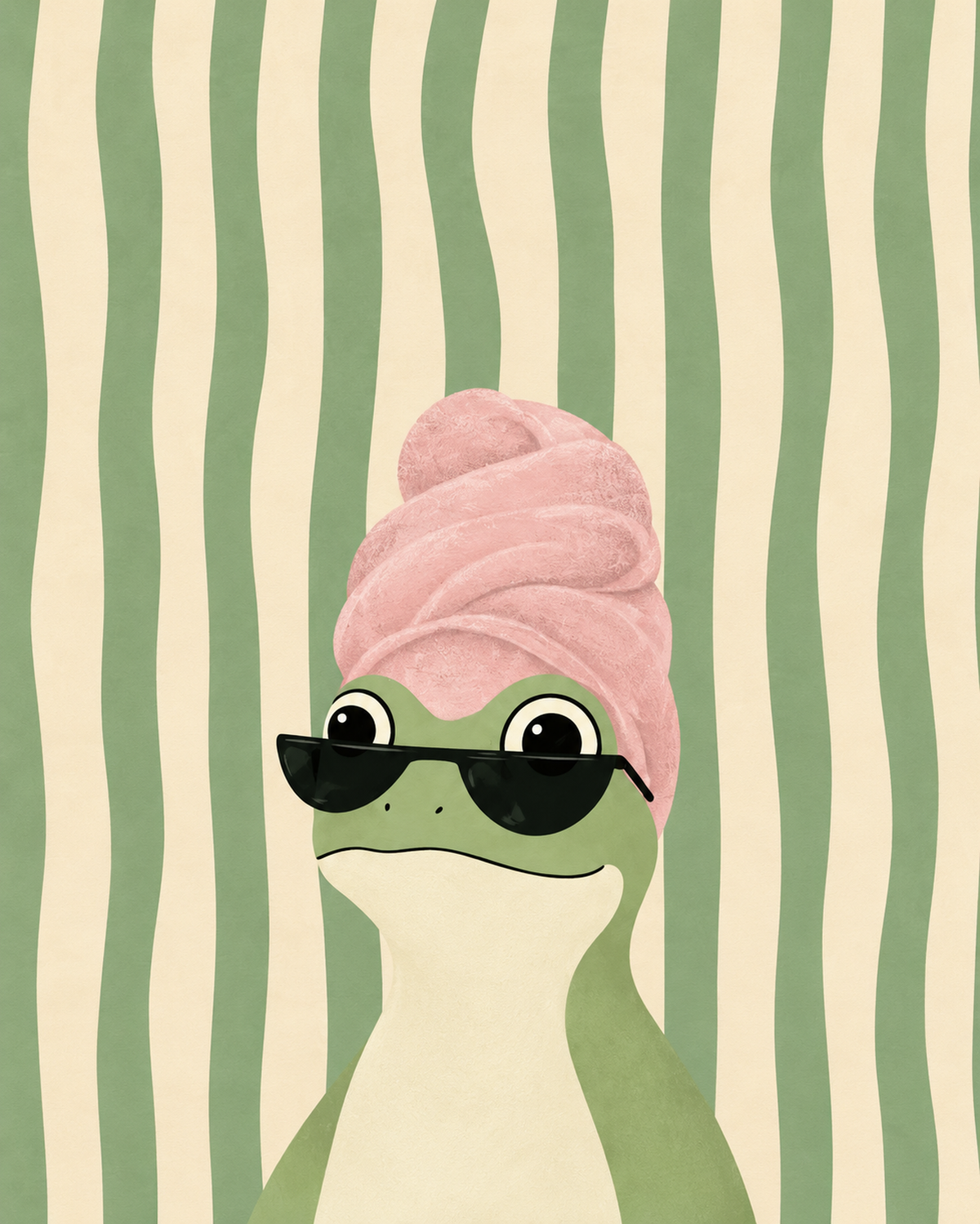 Art print of a green frog in a pink towel turban and black sunglasses on cream and green stripes