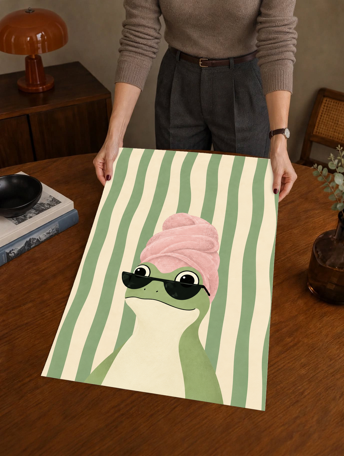 Frog art print with a pink towel turban and black sunglasses, shown as an unframed poster