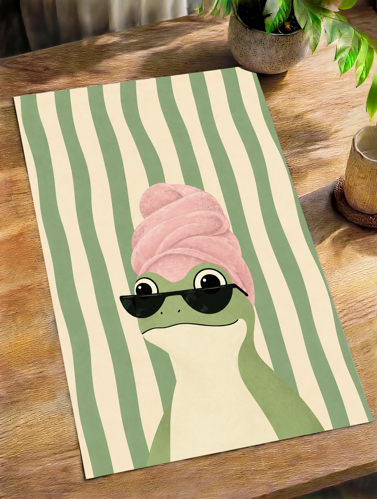 Unframed frog poster with a pink towel turban, black sunglasses, and wavy green stripes