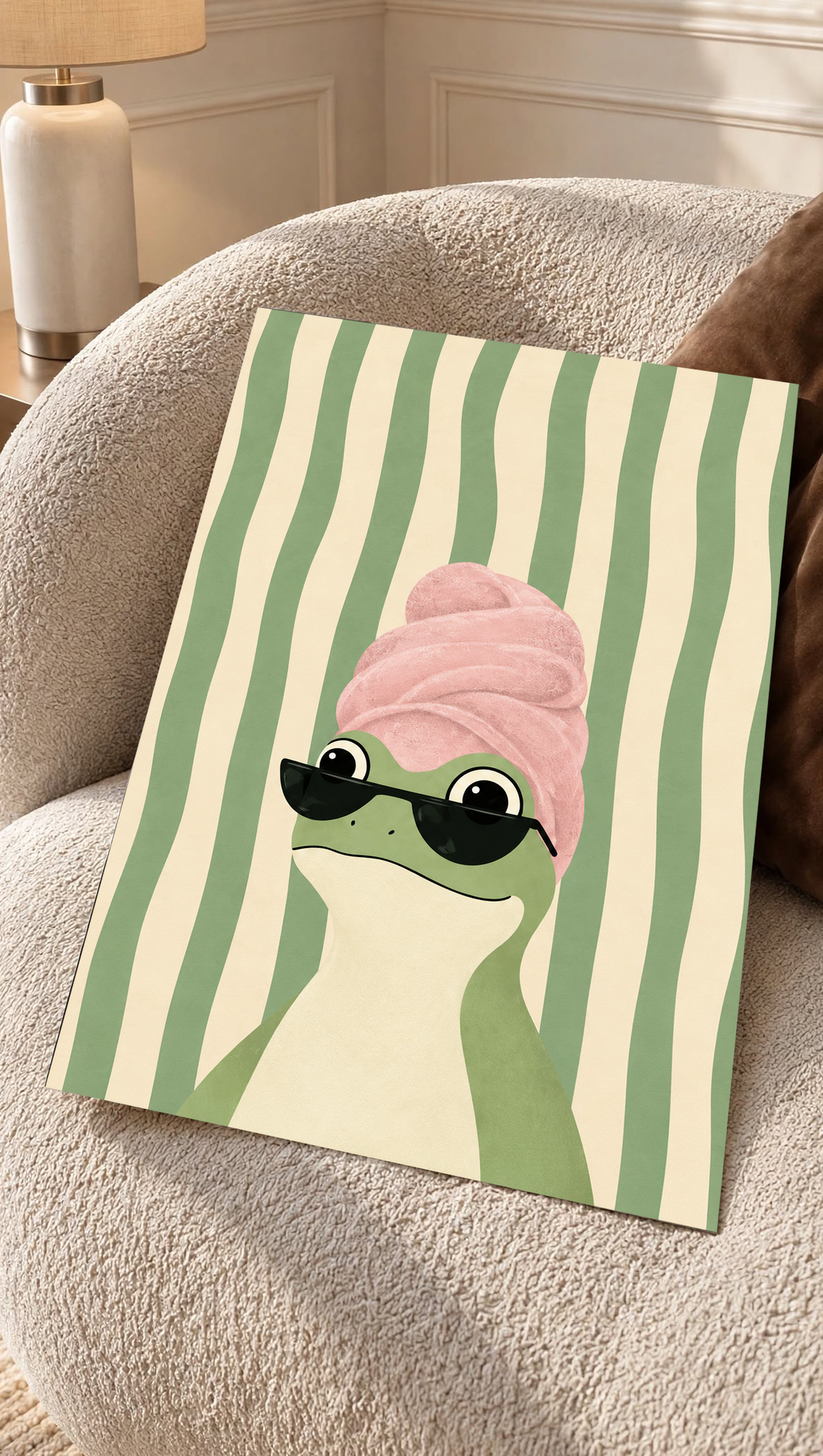 Frog art print on a canvas, featuring black sunglasses and a pink towel turban