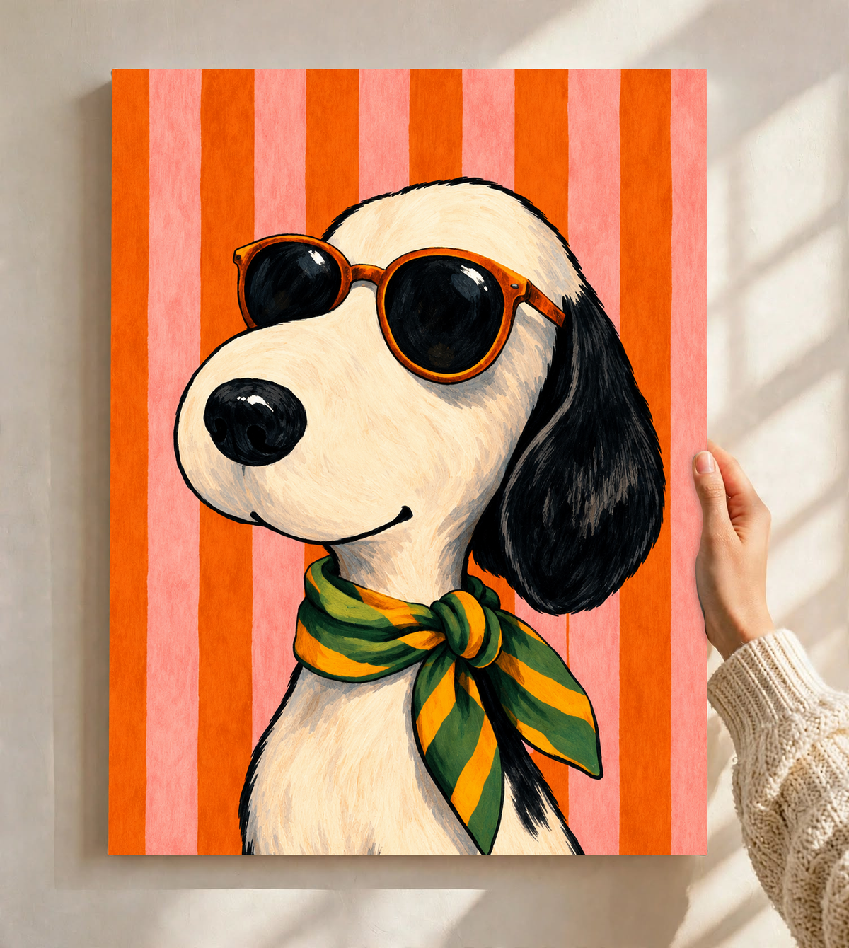 Pembe ve turuncu dikey çizgiler önünde siyah sarkık kulaklı, turuncu güneş gözlüklü ve yeşil sarı fularlı krem köpek çizimi. Güneş ışığı ve pencere gölgeleri düşen açık renk duvara karşı elde tutulan çerçevesiz baskı.