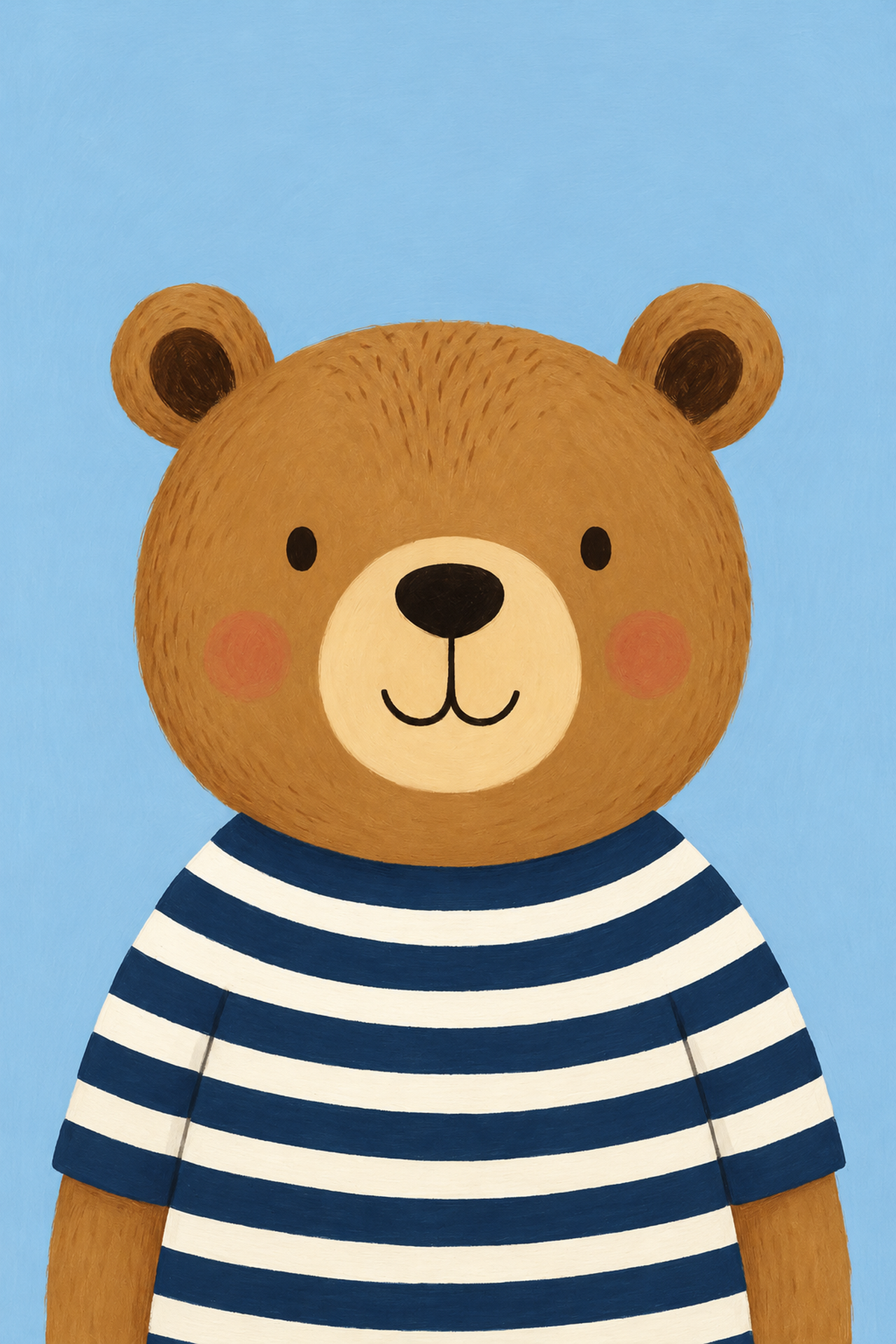 Bear art print wearing a navy and cream striped shirt on a blue background