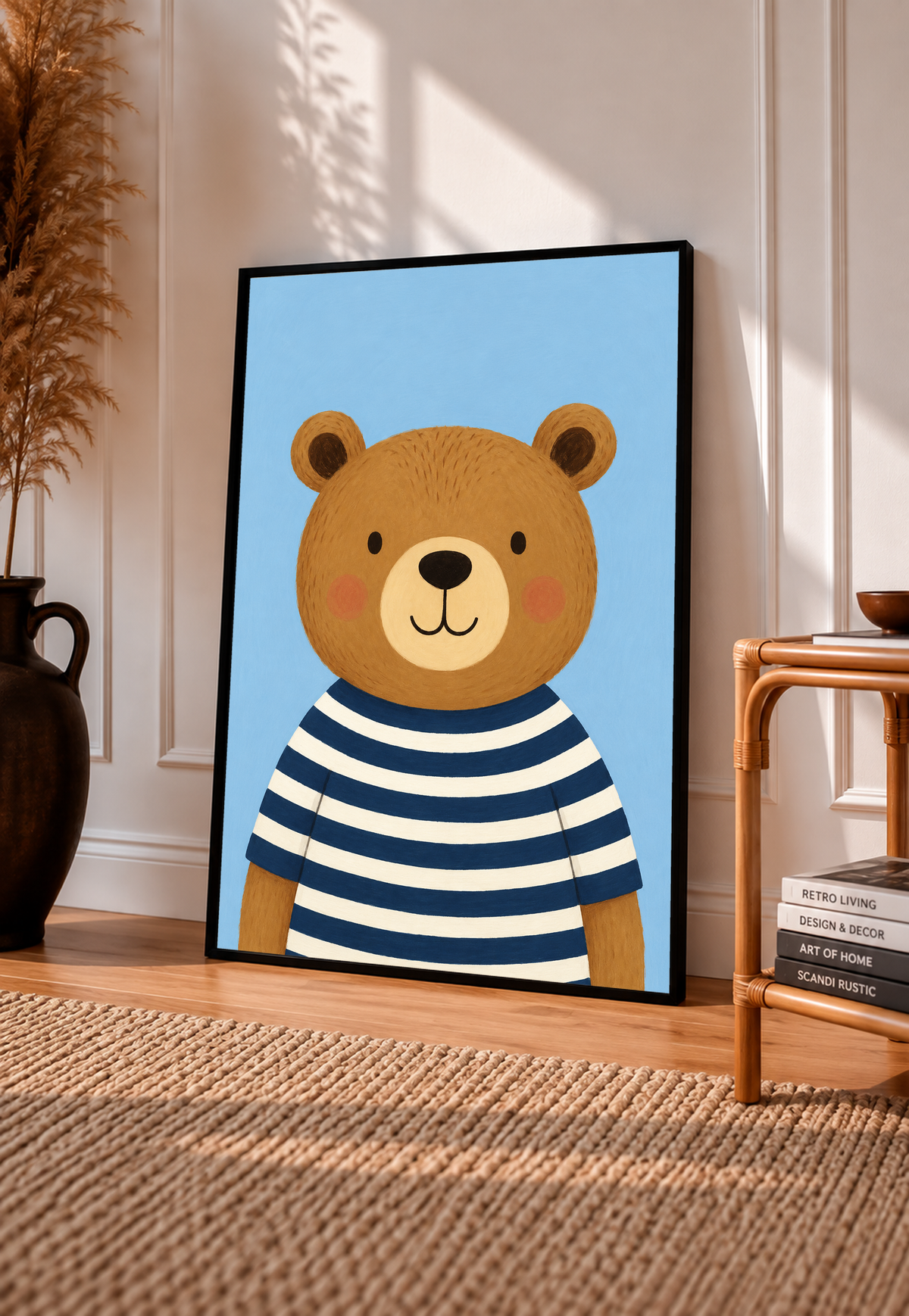 Framed bear art print with a navy and cream striped shirt on blue