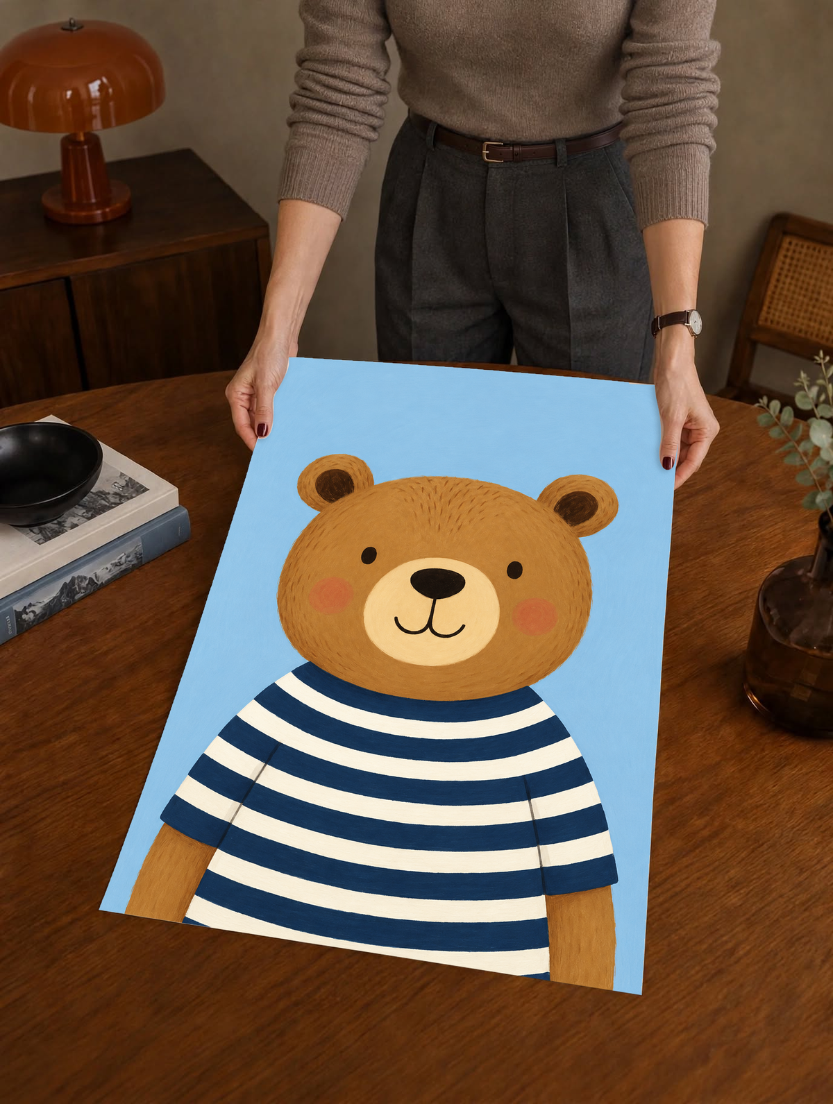 Bear art print with a striped shirt, shown as an unframed poster