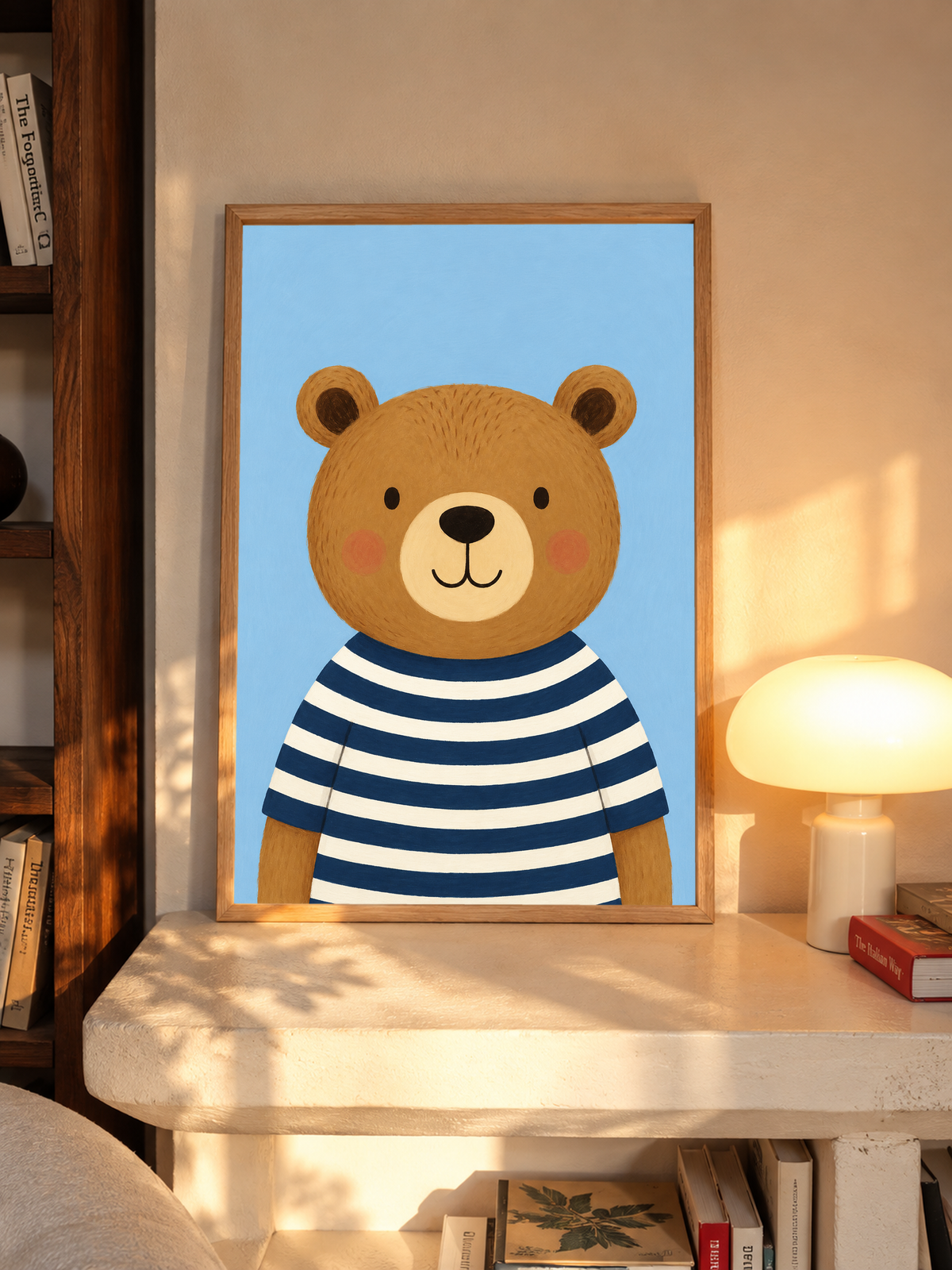 Bear art print in a natural wood frame, wearing a striped shirt