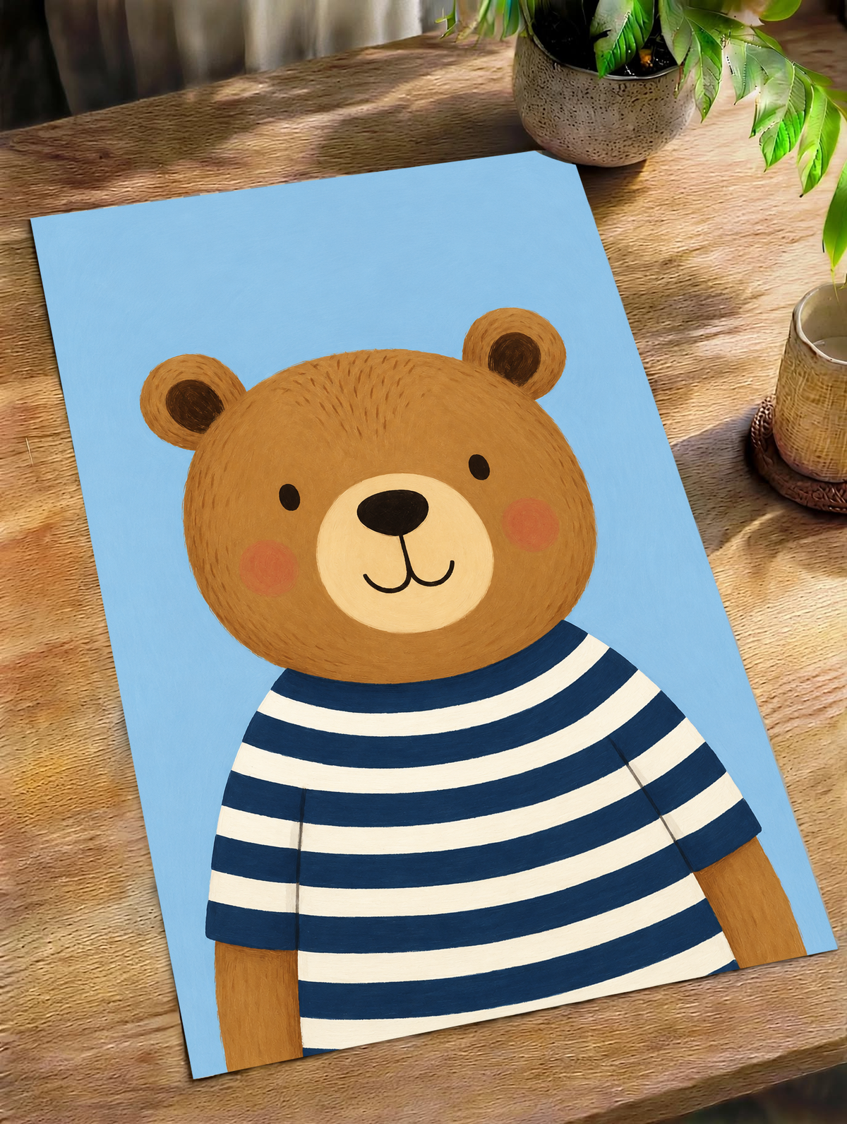 Unframed bear poster with a navy and cream striped shirt on blue