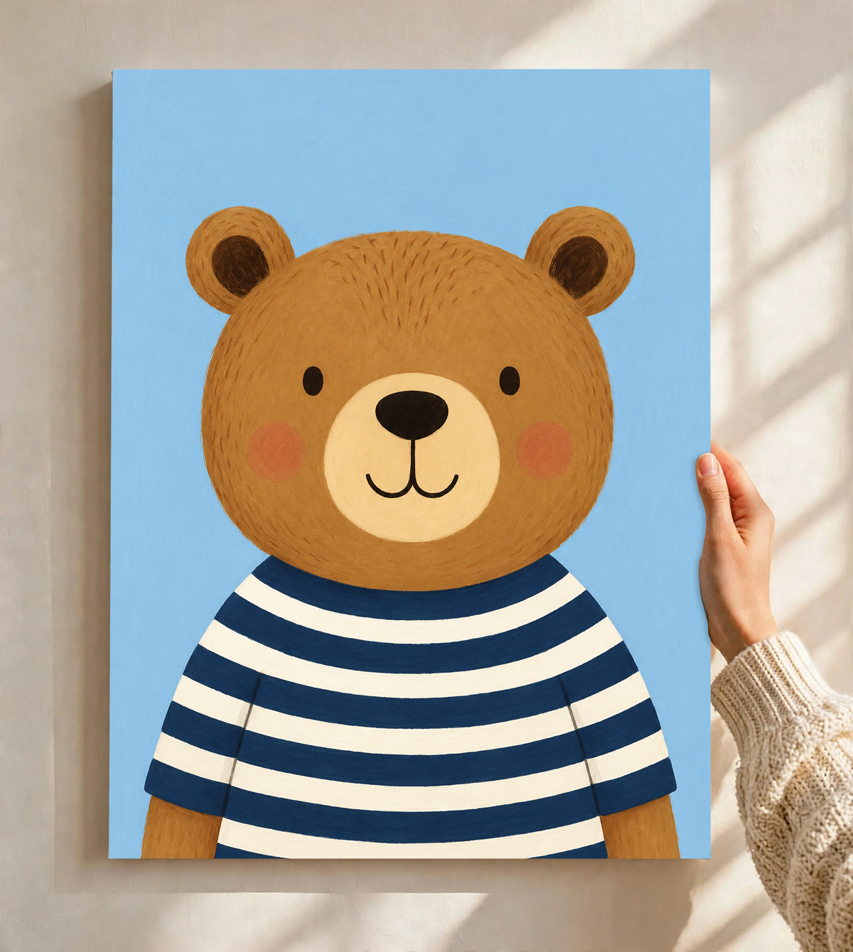 Bear canvas print with a navy and cream striped shirt on blue