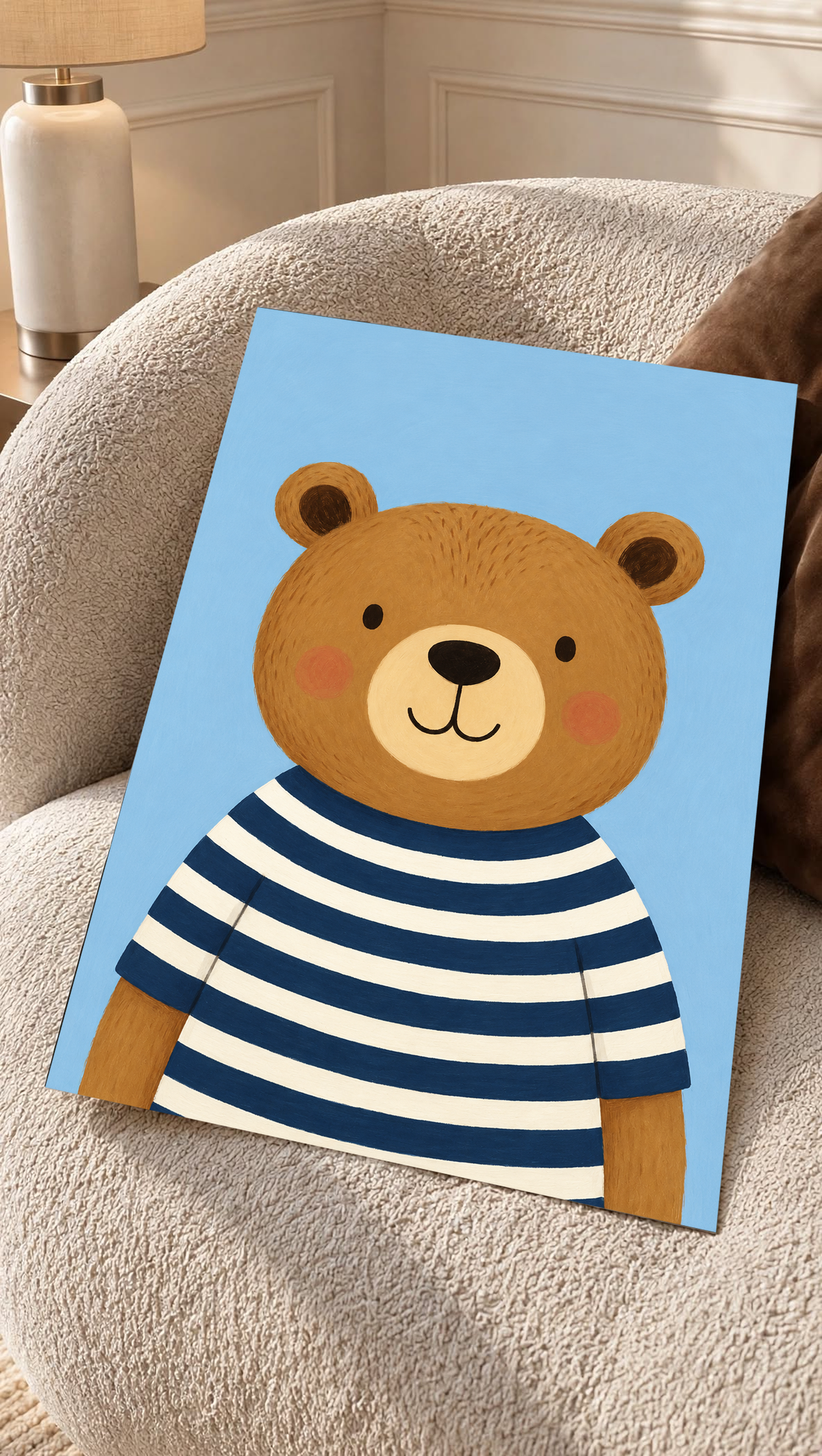 Bear art print with striped shirt, propped at an angle