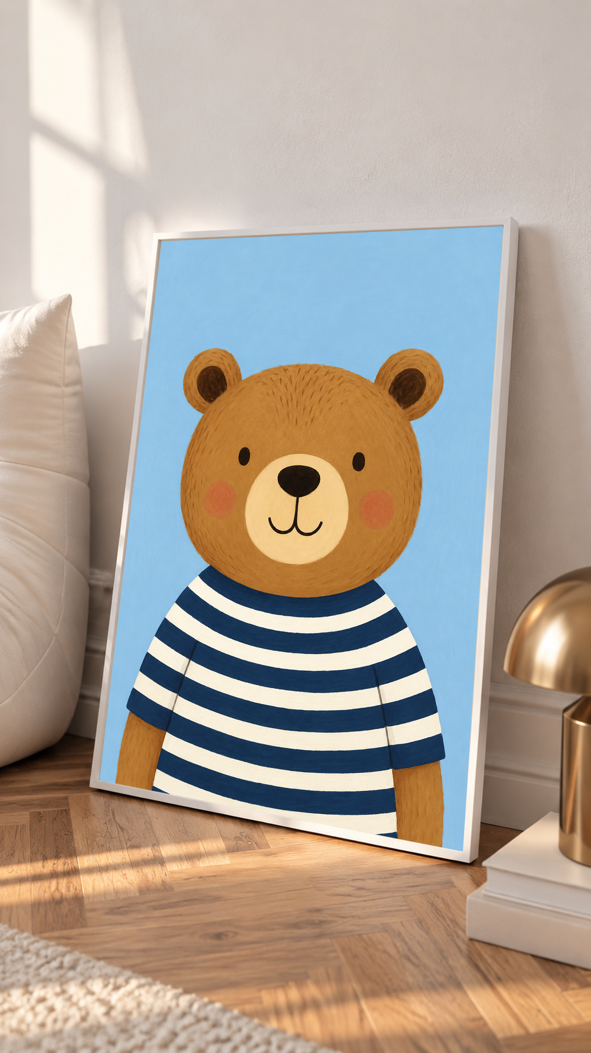 Bear art print in a slim light frame, wearing a striped shirt