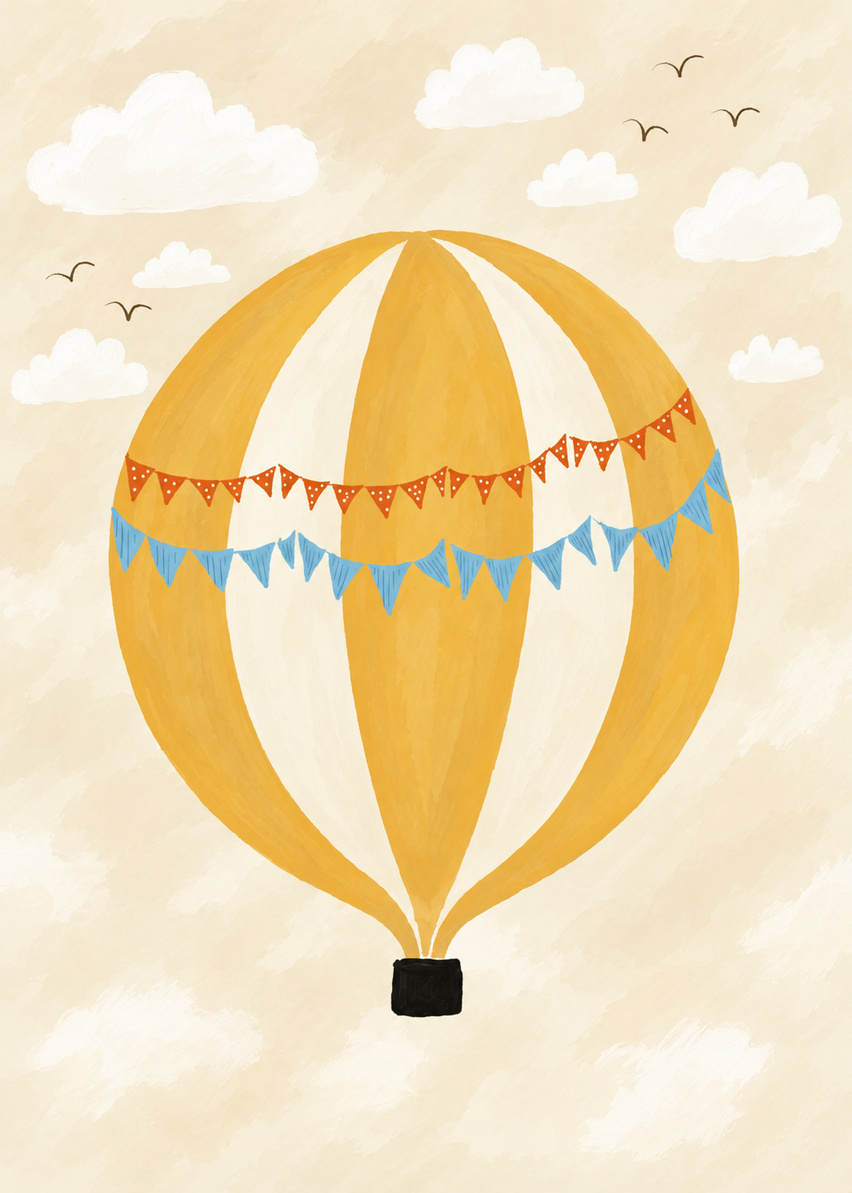 Globo aerostático amarillo y crema con banderines azules y otros naranjas con puntos blancos, cesta negra, nubes blancas y pájaros en un cielo crema. Vista plana de la ilustración, sin marco físico ni escena de interior.