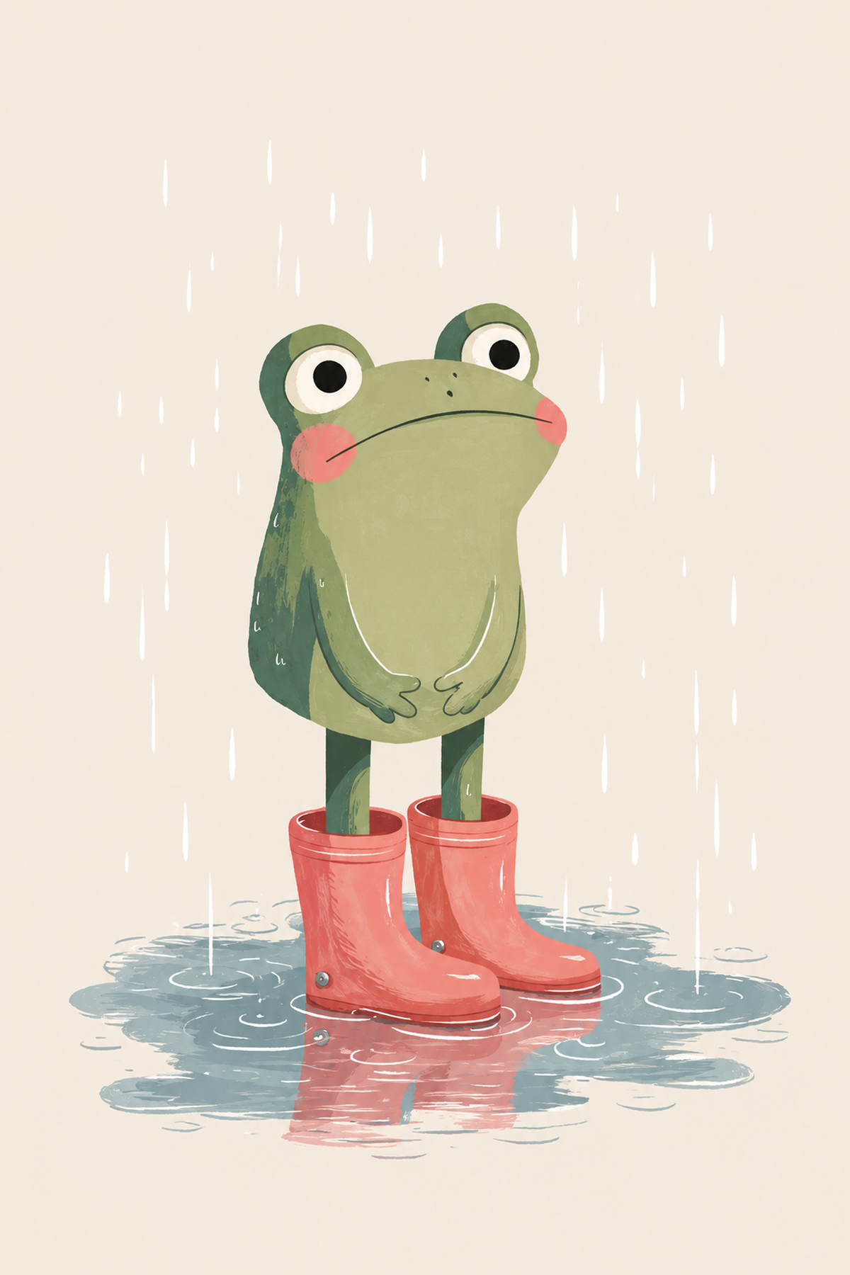 Frog in red rain boots poster print, standing in puddles beneath raindrops