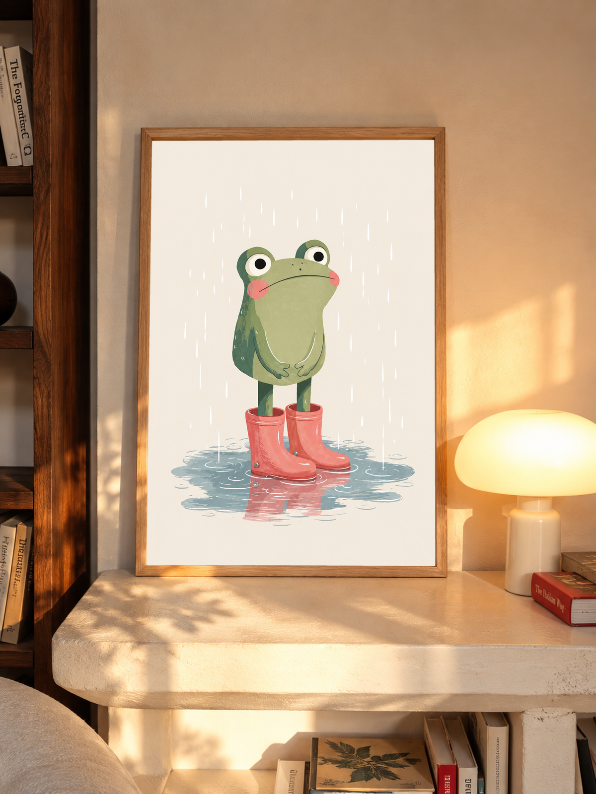 Frog in red rain boots print in an oak frame