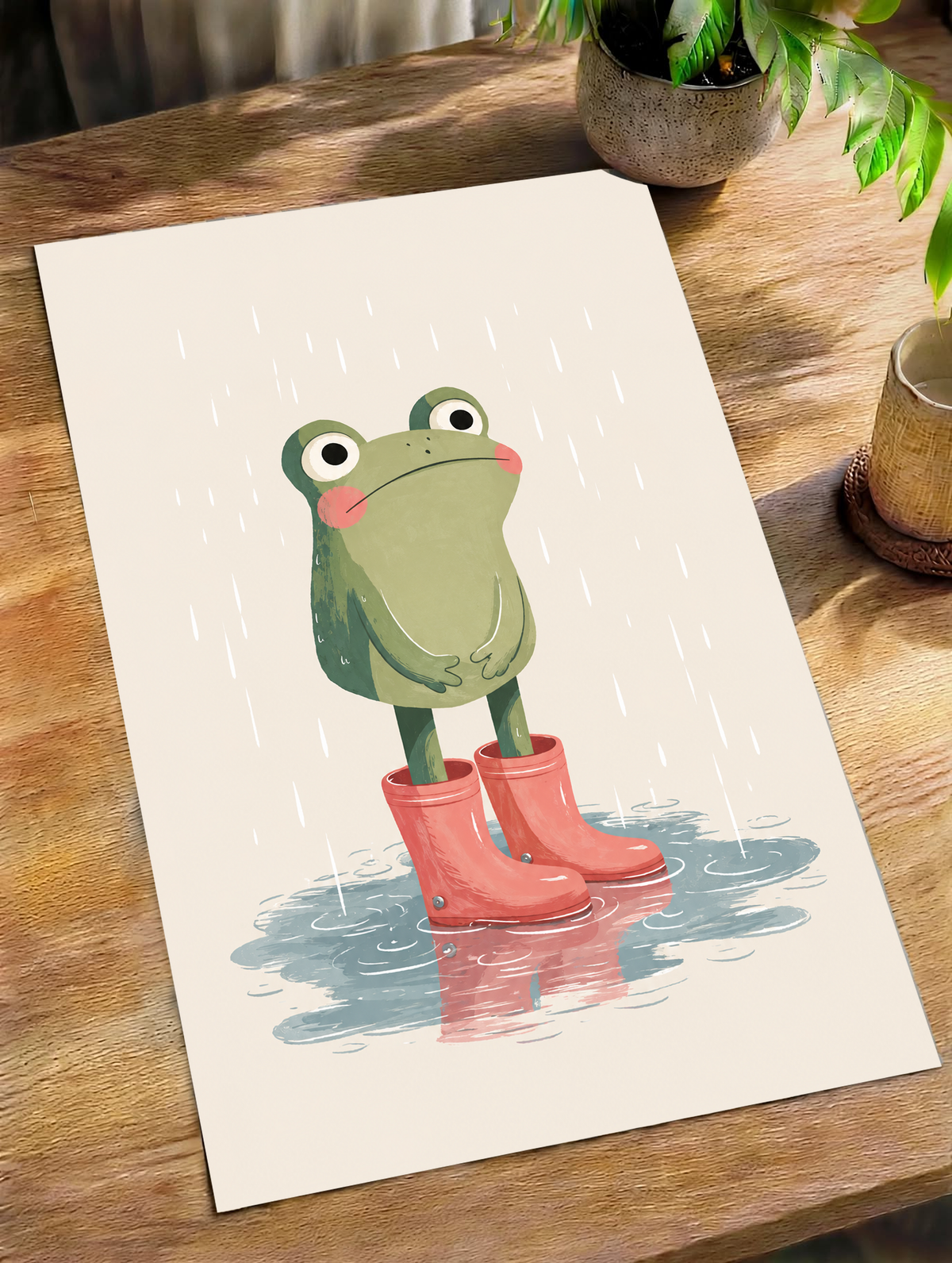Unframed frog in red boots print, with raindrops and puddles